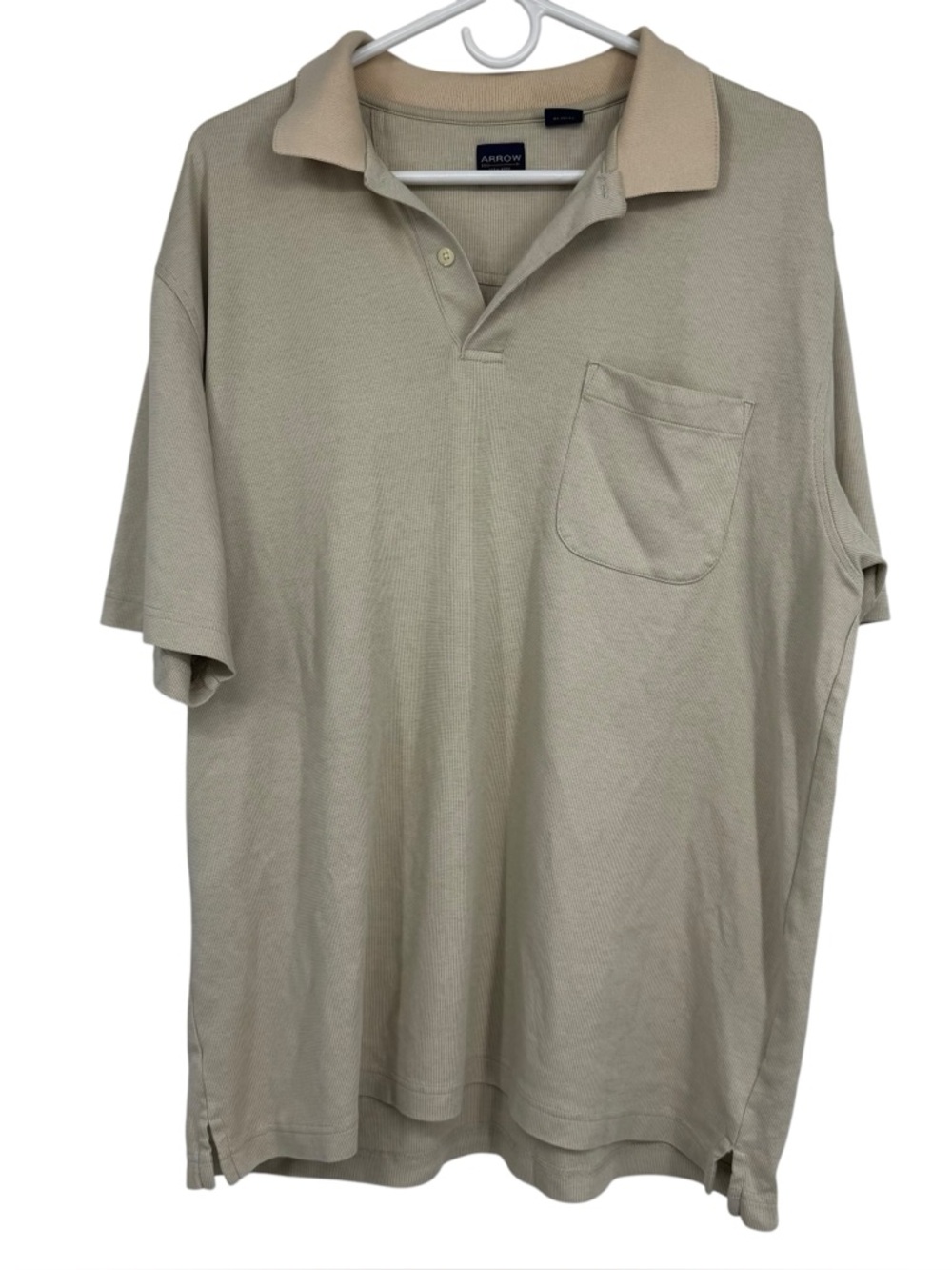 Men’s Arrow Size Large Light Khaki w Cream Collar Cotton/Polyester SS Polo Shirt